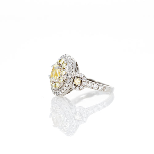 14K White Gold 0.40 Carat Oval Light Yellow Diamond Halo Ring - Queen May