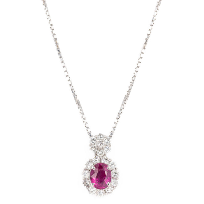 Platinum 0.94 Carat Oval Ruby Diamond Halo Pendant Necklace - Queen May