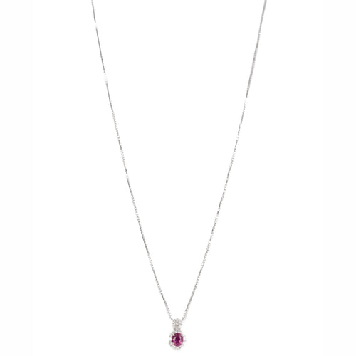 Platinum 0.94 Carat Oval Ruby Diamond Halo Pendant Necklace - Queen May