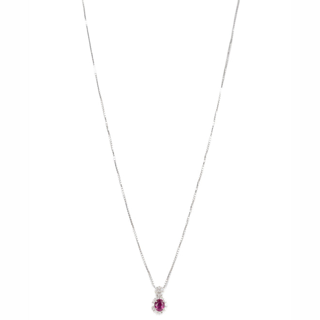 Platinum 0.94 Carat Oval Ruby Diamond Halo Pendant Necklace - Queen May