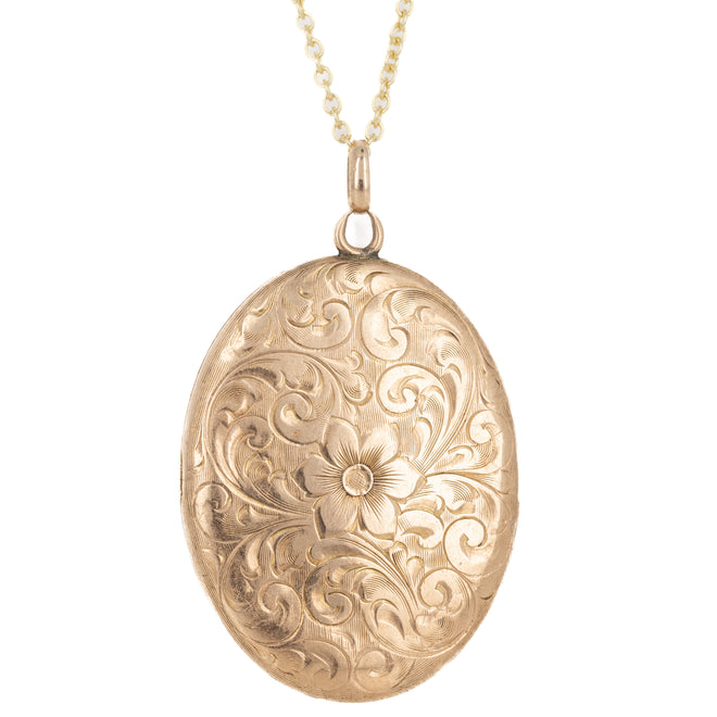 Victorian 10K Yellow Gold Acid Etched Oval Locket Necklace - Queen May