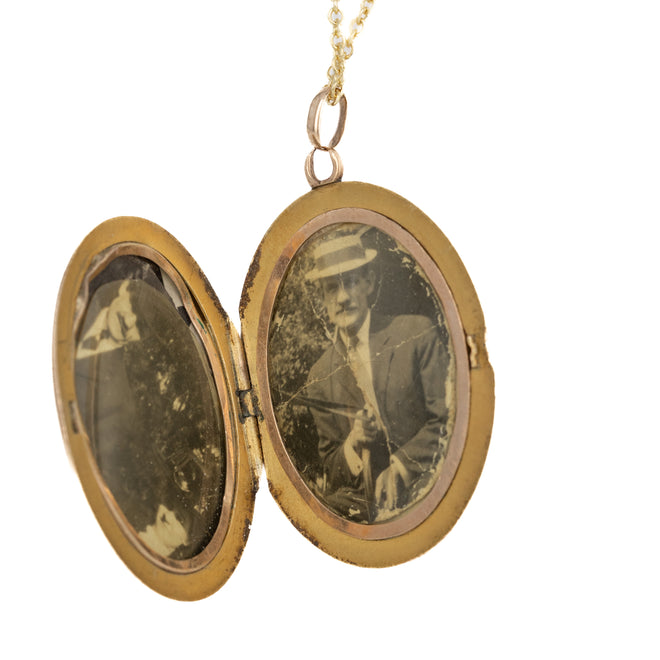 Victorian 10K Yellow Gold Acid Etched Oval Locket Necklace - Queen May