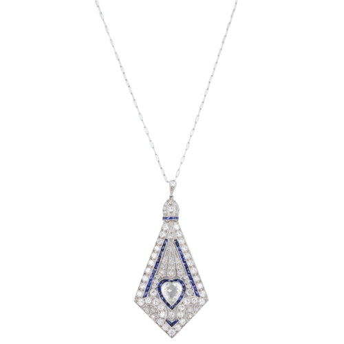 Art Deco Platinum 1.40 Carat Heart Diamond Synthetic Sapphire Brooch Pendant Necklace - Queen May