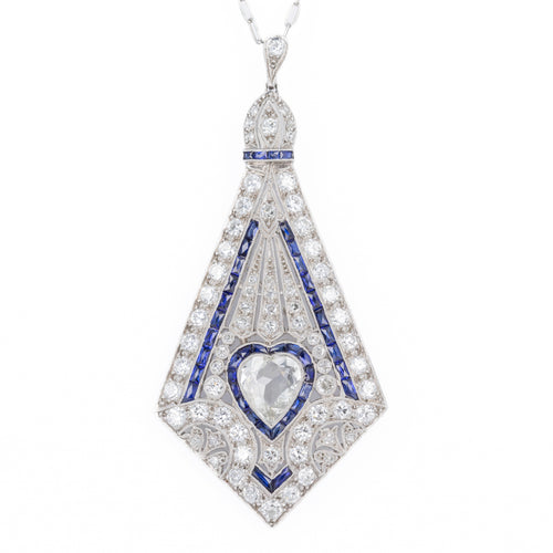 Art Deco Platinum 1.40 Carat Heart Diamond Synthetic Sapphire Brooch Pendant Necklace - Queen May