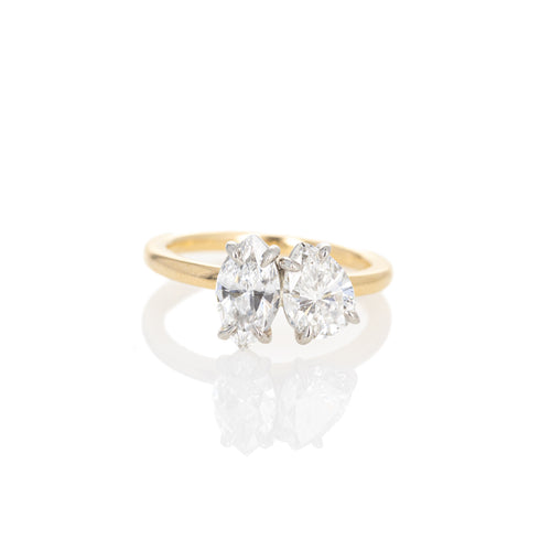 14K Yellow Gold Platinum 2.02 Carat Two Stone Diamond Marquise Pear Engagement Ring - Queen May