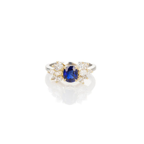 Platinum 18K Yellow Gold 1.07 Carat Cushion Sapphire Diamond Marquise Ring - Queen May