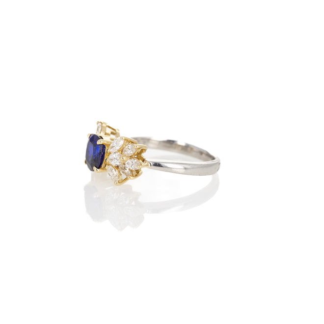 Platinum 18K Yellow Gold 1.07 Carat Cushion Sapphire Diamond Marquise Ring - Queen May