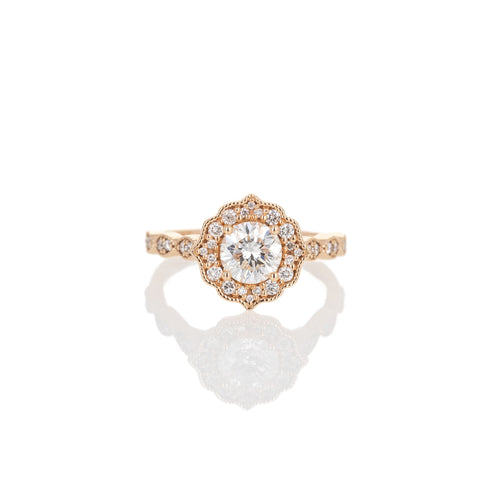 14K Rose Gold 1.02 Carat Round Brilliant Diamond Scalloped Halo Engagement Ring - Queen May