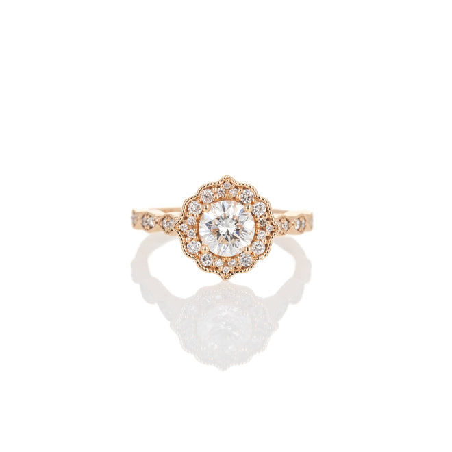 14K Rose Gold 1.02 Carat Round Brilliant Diamond Scalloped Halo Engagement Ring - Queen May