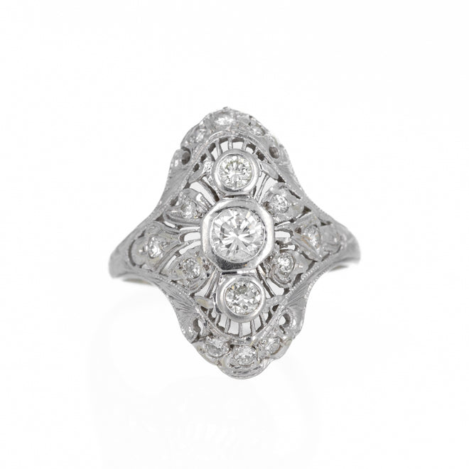 Art Deco Platinum 0.50 Carat Diamond Filigree Shield Ring - Queen May