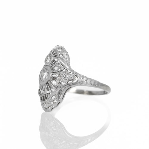 Art Deco Platinum 0.50 Carat Diamond Filigree Shield Ring - Queen May