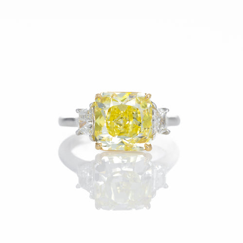 5.01 Carat Fancy Intense Yellow Radiant Diamond Three Stone Ring - Queen May