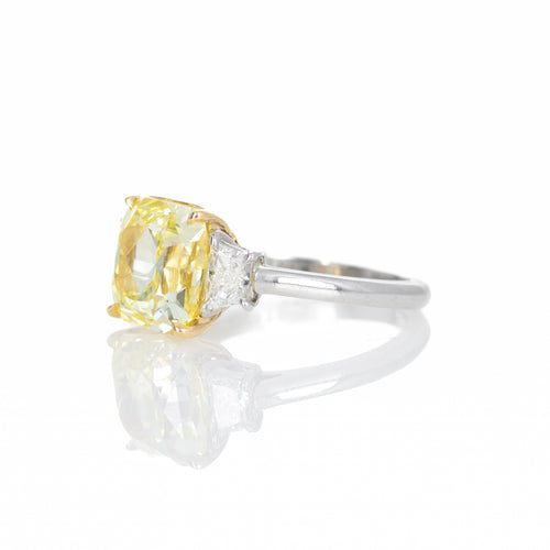 5.01 Carat Fancy Intense Yellow Radiant Diamond Three Stone Ring - Queen May