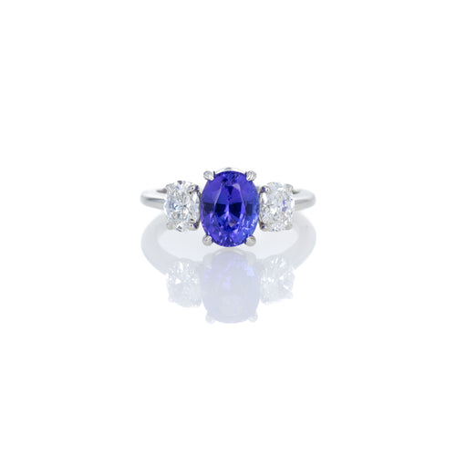 Platinum 2.22 Carat Tanzanite Diamond Oval Three Stone Ring - Queen May