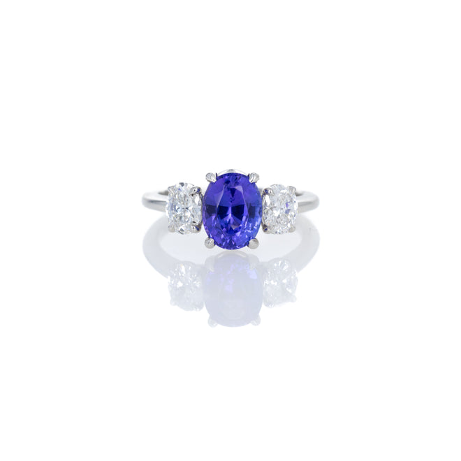 Platinum 2.22 Carat Tanzanite Diamond Oval Three Stone Ring - Queen May