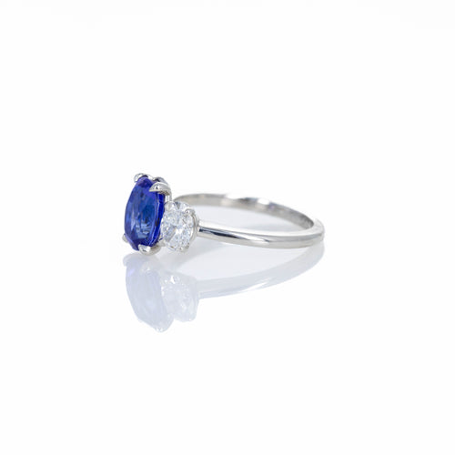 Platinum 2.22 Carat Tanzanite Diamond Oval Three Stone Ring - Queen May