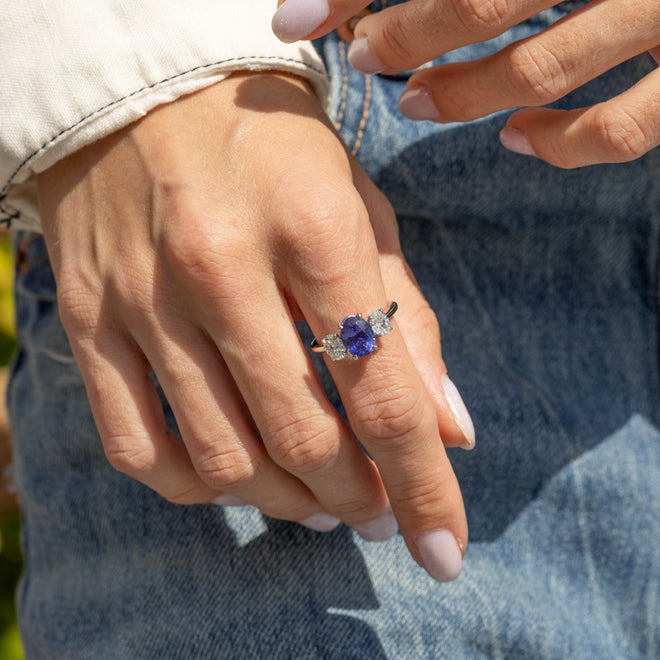 Platinum 2.22 Carat Tanzanite Diamond Oval Three Stone Ring - Queen May