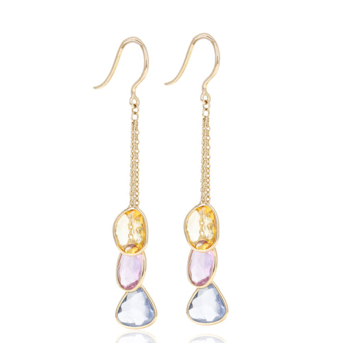 14K Yellow Gold 4.48 Carat Multi-Color Sapphire Bezel Chain Drop Earrings - Queen May