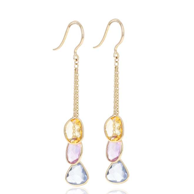 14K Yellow Gold 4.48 Carat Multi-Color Sapphire Bezel Chain Drop Earrings - Queen May