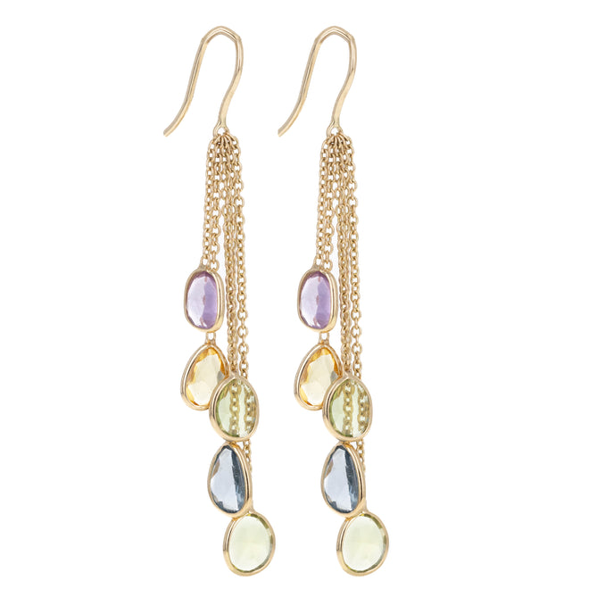 14K Yellow Gold 4.83 Carat Multi-Color Sapphire Bezel Chain Drop Earrings - Queen May