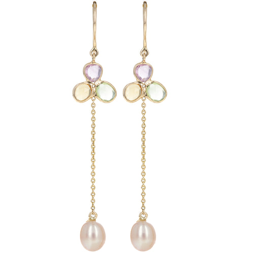 14K Yellow Gold 1.86 Carat Multi-Color Sapphire and Pearl Chain Earrings - Queen May