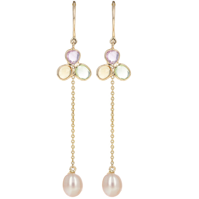 14K Yellow Gold 1.86 Carat Multi-Color Sapphire and Pearl Chain Earrings - Queen May