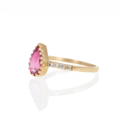 14K Yellow Gold 0.90 Carat Rubellite Tourmaline Diamond Brushed Ring - Queen May