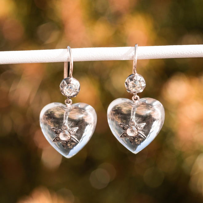 Rare Victorian Rock Crystal Diamond Heart Drop Earrings - Queen May