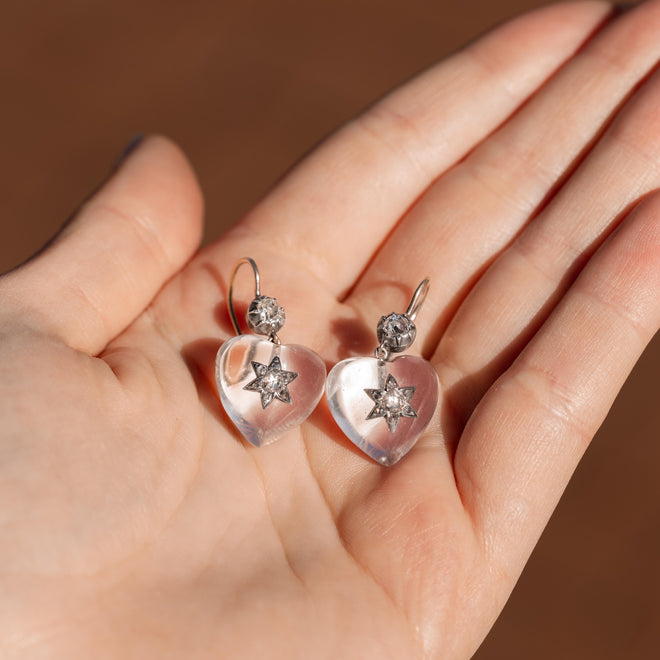 Rare Victorian Rock Crystal Diamond Heart Drop Earrings - Queen May
