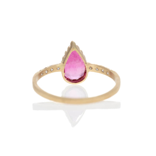 14K Yellow Gold 0.90 Carat Rubellite Tourmaline Diamond Brushed Ring - Queen May