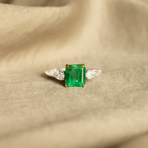 1.85 Carat Colombian Emerald Pear Diamond Three Stone Ring - Queen May