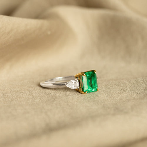 1.85 Carat Colombian Emerald Pear Diamond Three Stone Ring - Queen May