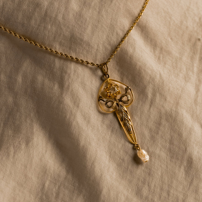 Edwardian Old Mine Diamond Pearl Pendant Necklace - Queen May