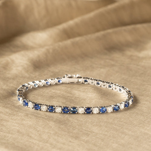18K White Gold Oval Natural Sapphire Diamond Tennis Bracelet - Queen May