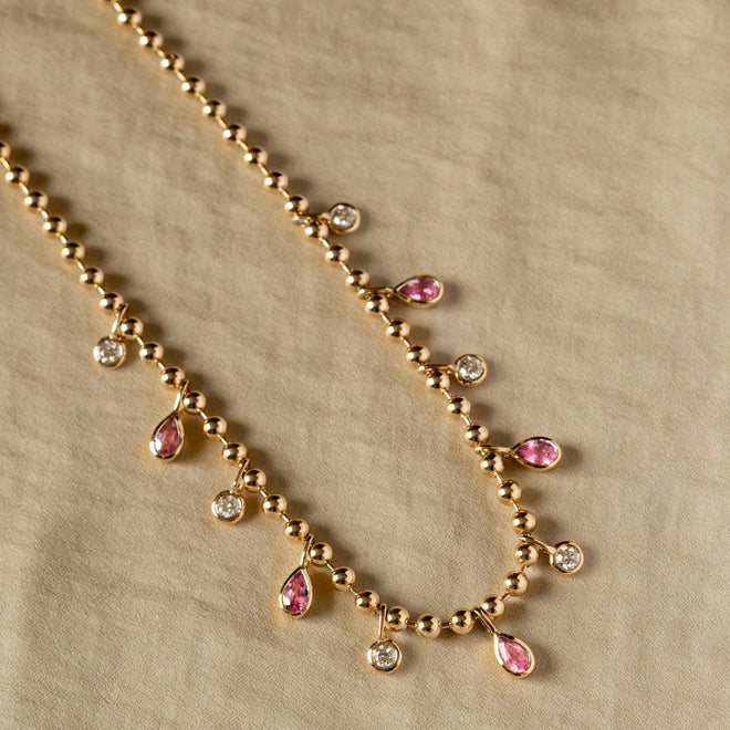 14K Gold Pear Pink Sapphire Diamond Bezel Bead Necklace - Queen May