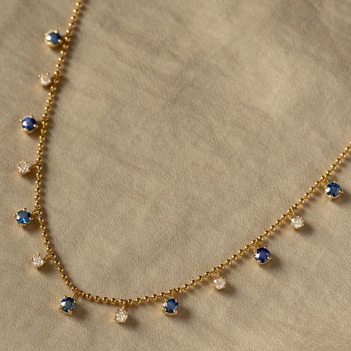 14K Gold Blue Sapphire Diamond Bead Necklace - Queen May