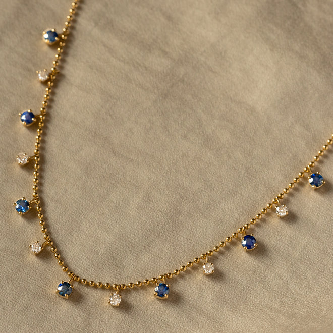14K Gold Blue Sapphire Diamond Bead Necklace - Queen May