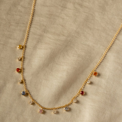 14K Gold Multicolor Sapphire Diamond Bead Necklace - Queen May