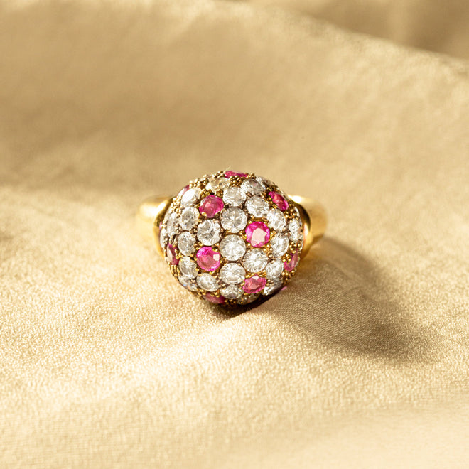 Retro 18K Gold Diamond Ruby Pave Ball Ring - Queen May