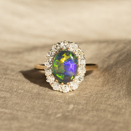 Victorian 0.80 Carat Natural Black Opal Diamond Halo Ring - Queen May