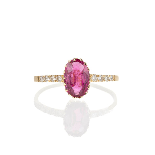 14K Yellow Gold 0.99 Carat Rubellite Tourmaline Diamond Brushed Ring - Queen May