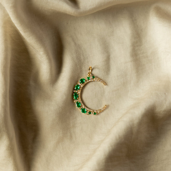 Vintage Inspired Crescent Moon Pendant Charm Emerald - Queen May