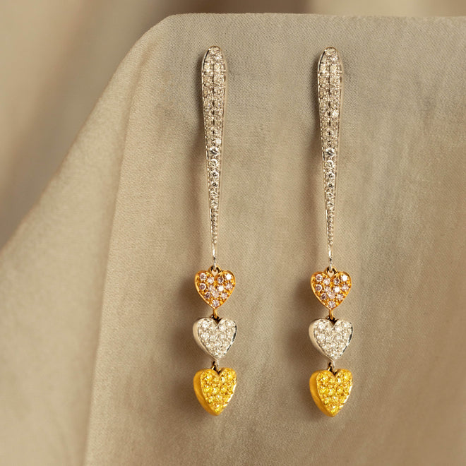 18K Tri-Color Gold Diamond Pave Heart Drop Earrings - Queen May