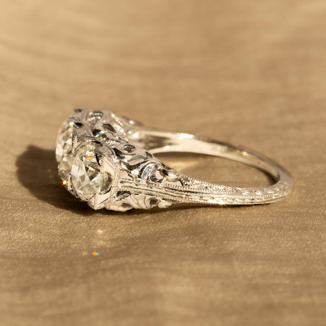 Art Deco 2.5 Carat Old European Diamond Three Stone Filigree Ring - Queen May