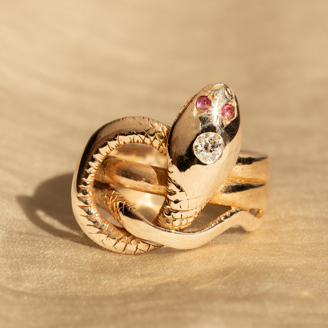 Victorian Old European Diamond Pink Sapphire Snake Ring - Queen May