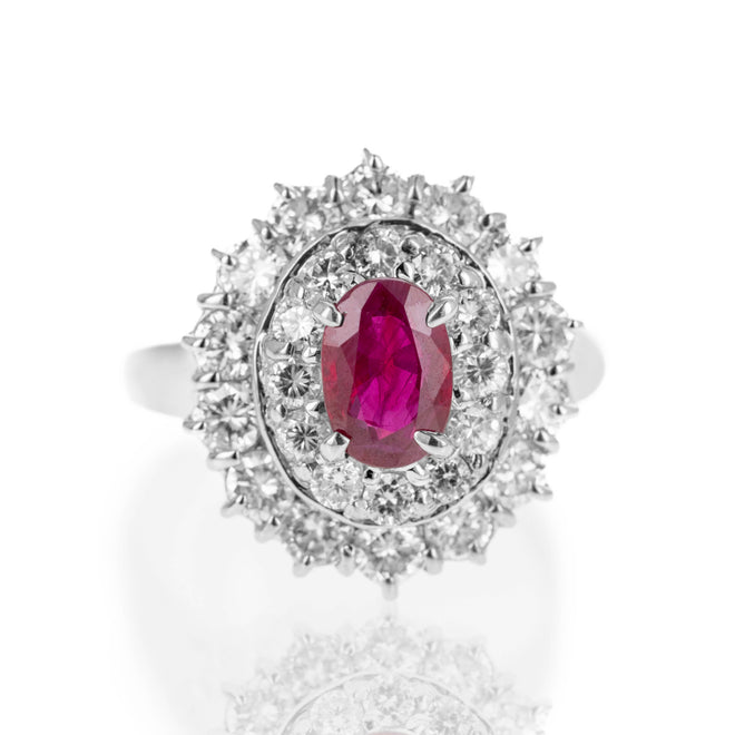 Platinum 1.05 Carat Oval Ruby Diamond Halo Ring - Queen May