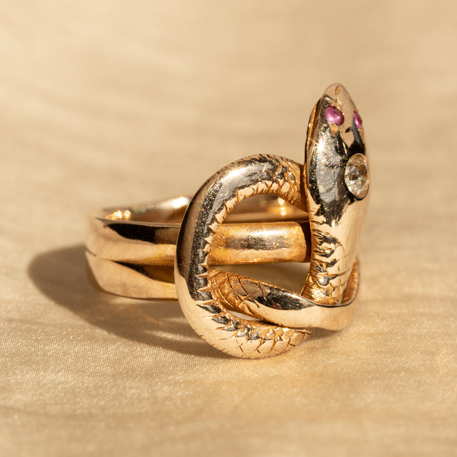Victorian Old European Diamond Pink Sapphire Snake Ring - Queen May