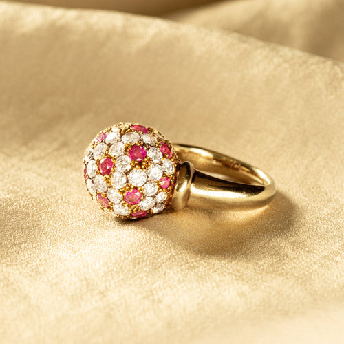 Retro 18K Gold Diamond Ruby Pave Ball Ring - Queen May