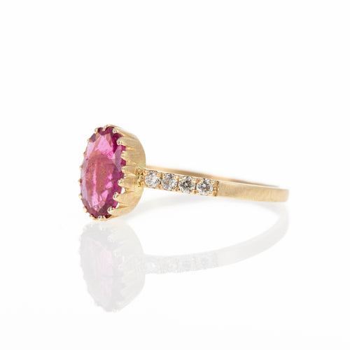 14K Yellow Gold 0.99 Carat Rubellite Tourmaline Diamond Brushed Ring - Queen May