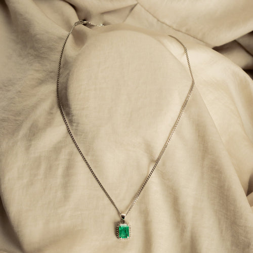 Platinum 1.77 Carat Natural Emerald Diamond Halo Pendant Necklace - Queen May